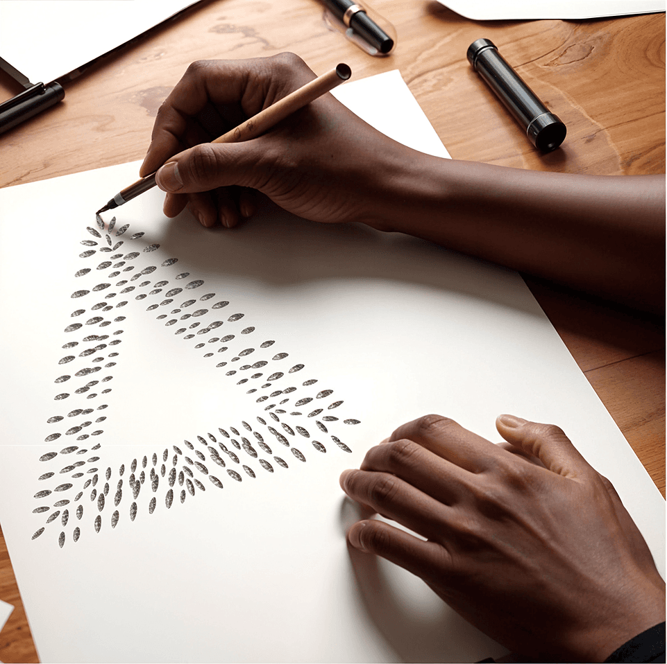 A designer drawing the textured geometric MAND wolf icon