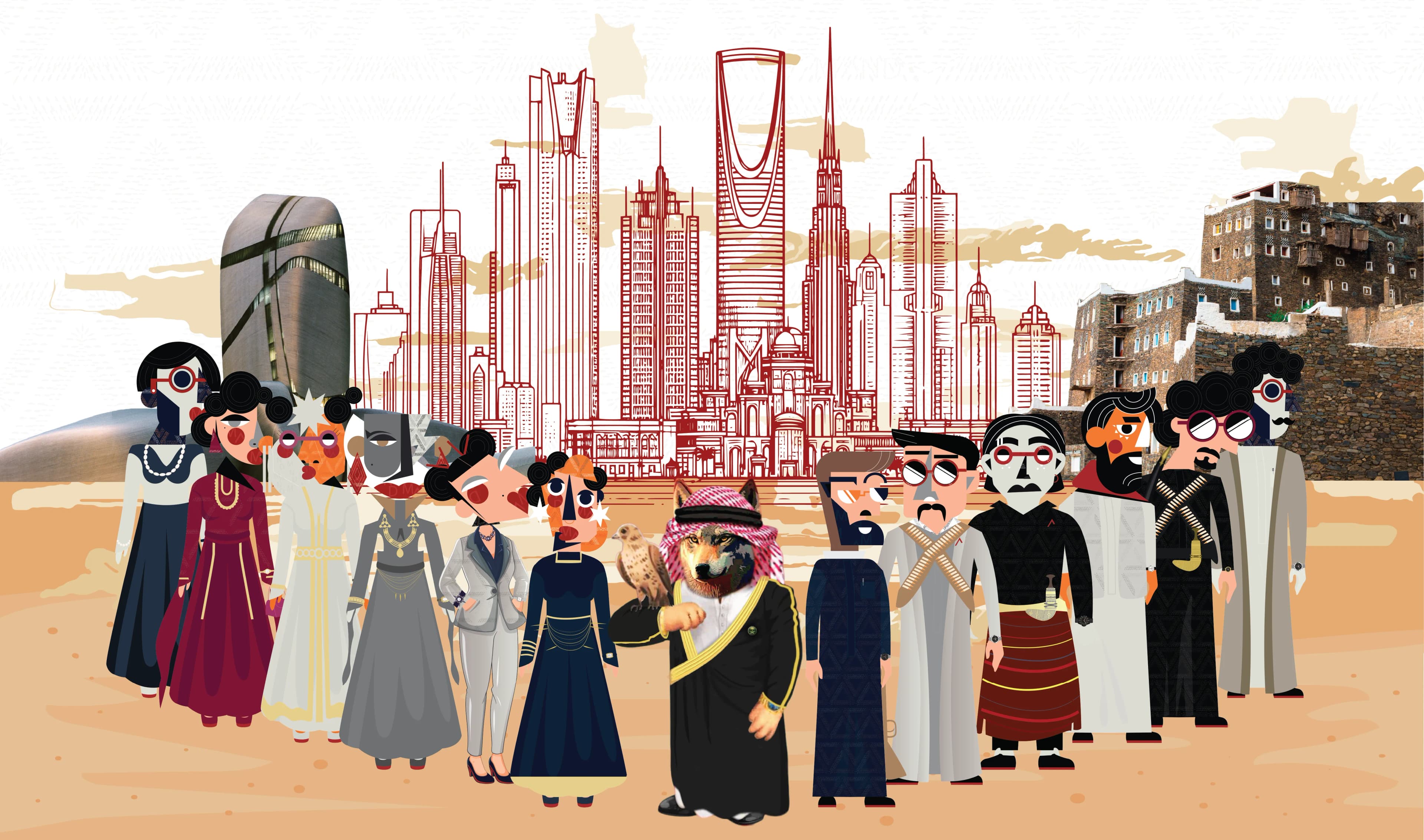 The MAND Kingdom characters gathered before Saudi landmarks