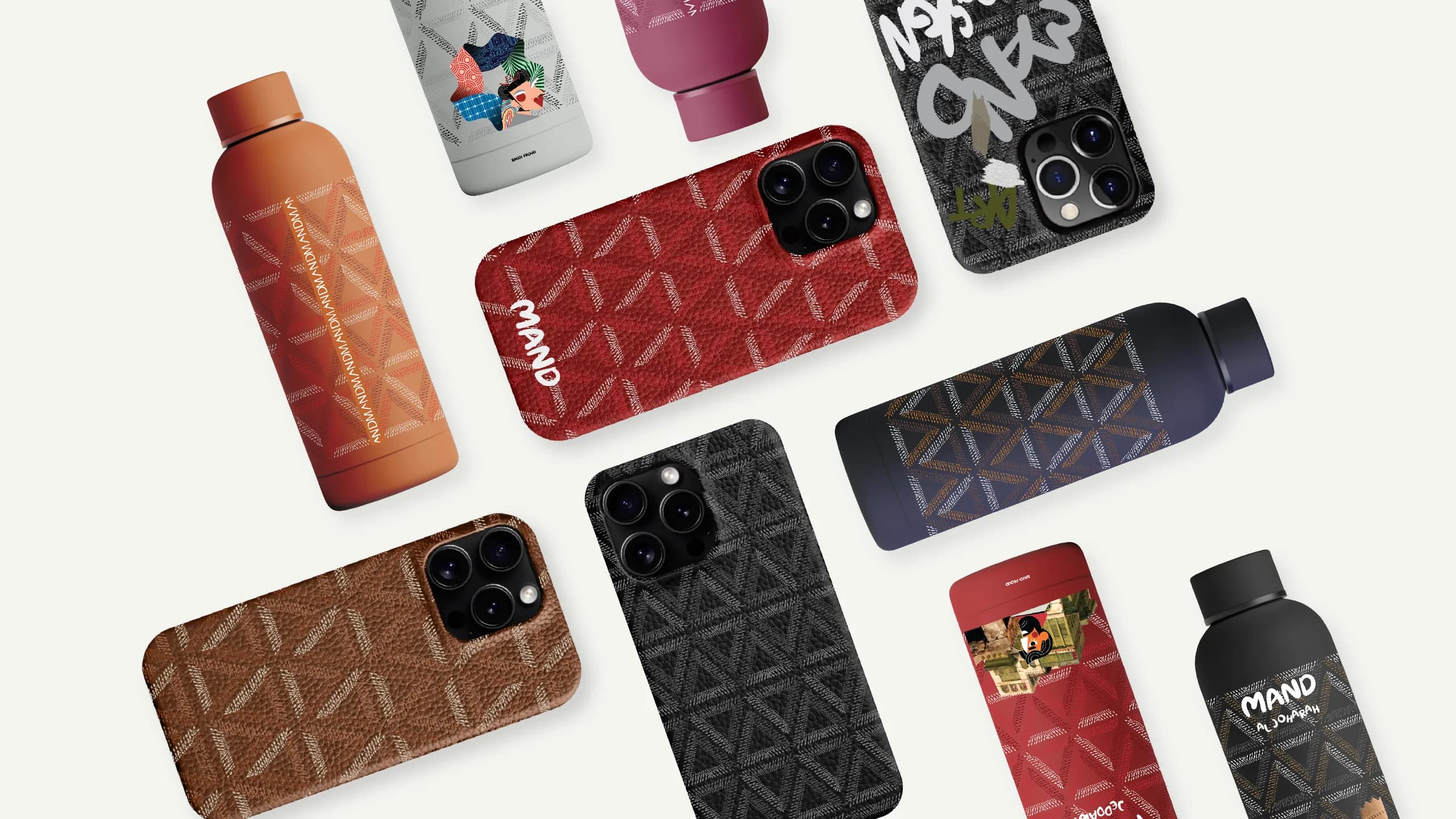 MAND water bottles and phone cases in the signature MAND pattern