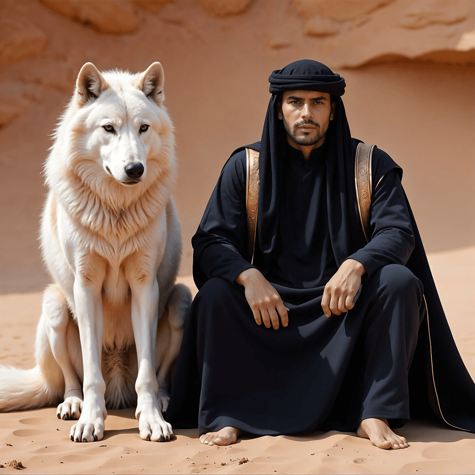 A white desert wolf beside a man wearing traditional black clothing