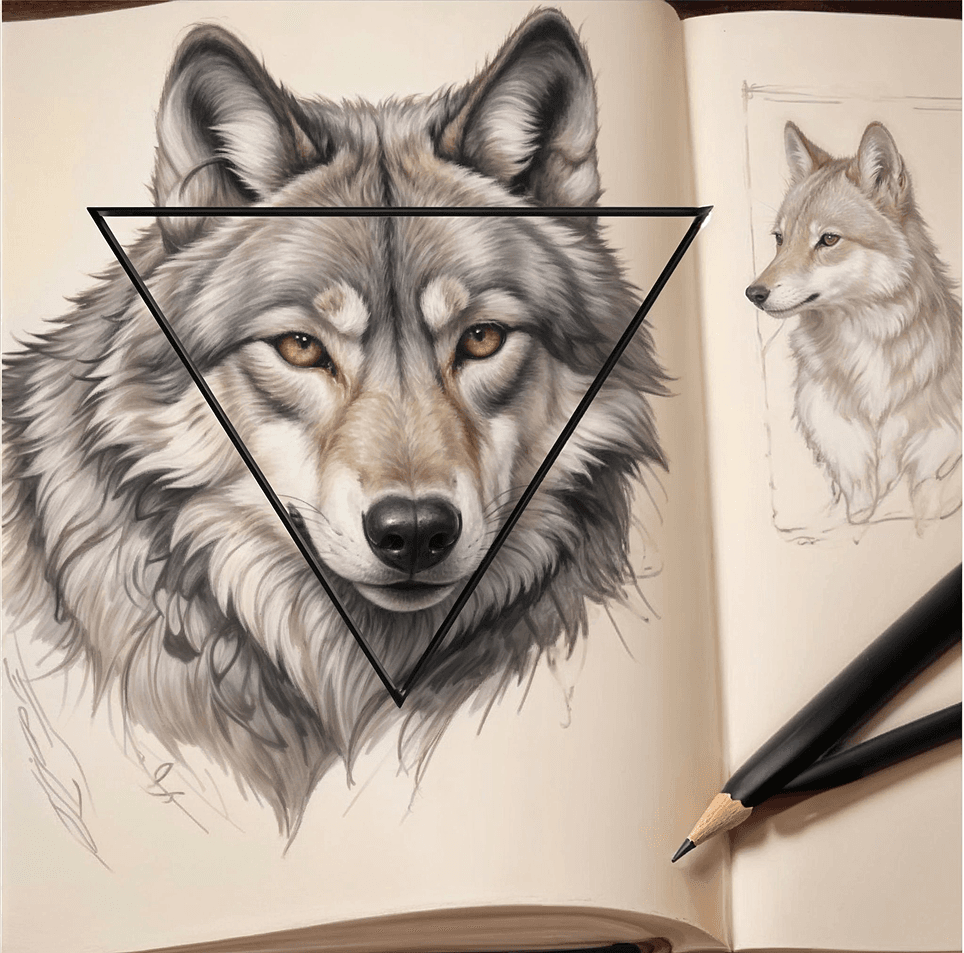 A sketchbook study of a wolf framed by a geometric triangle