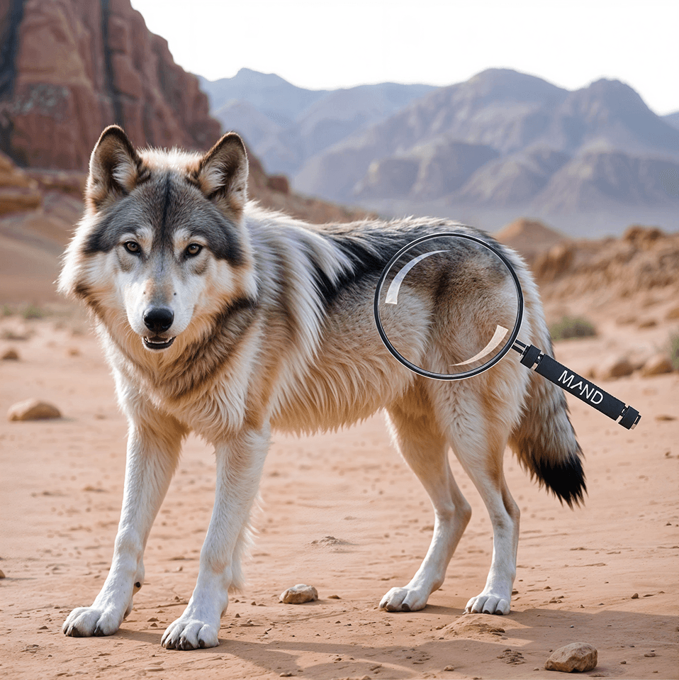 A desert wolf with a magnifying glass highlighting the texture of its fur
