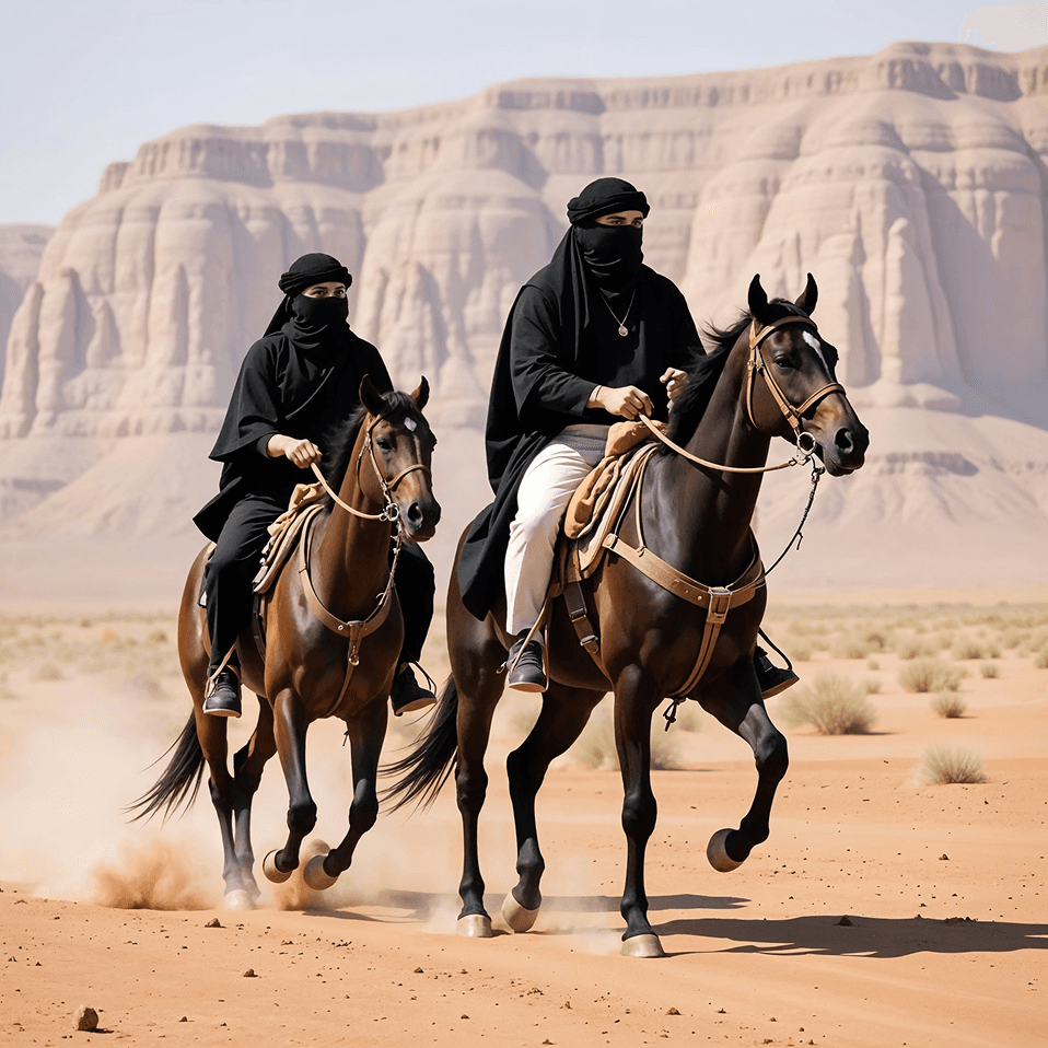 Two riders crossing the desert on horseback
