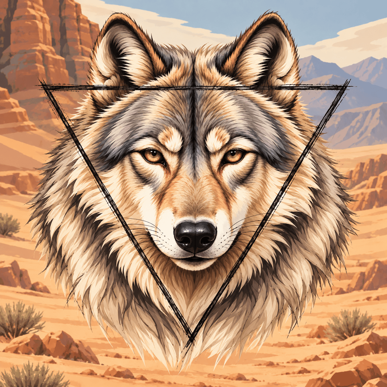 A sketchbook study of a wolf framed by a geometric triangle