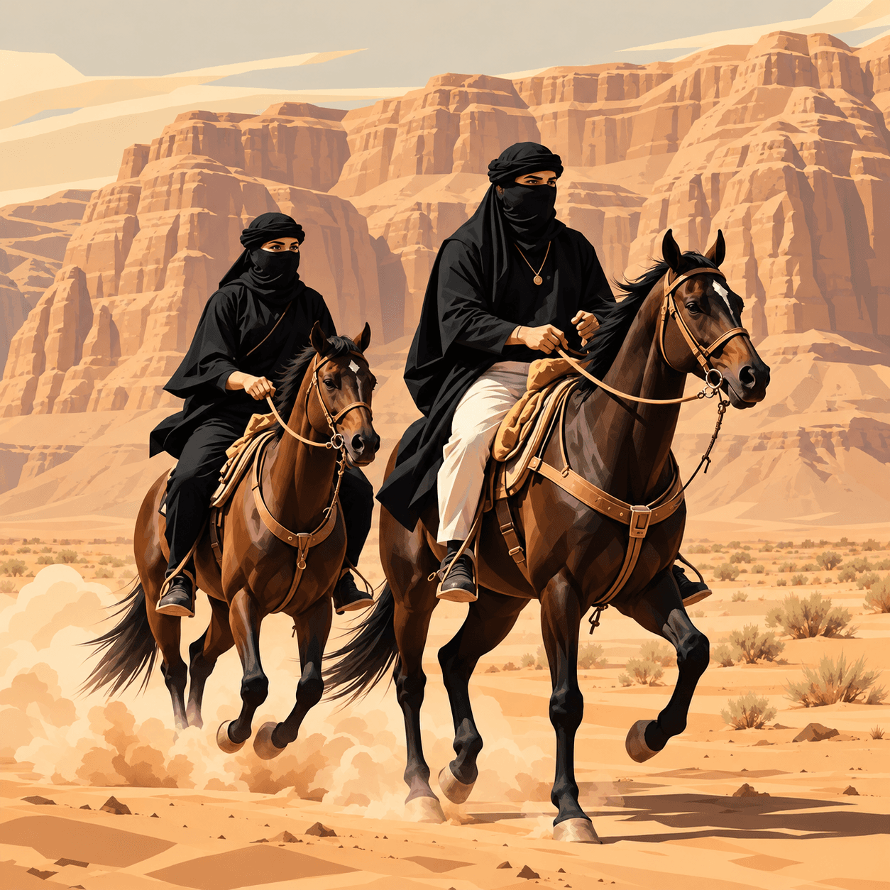 Two riders crossing the desert on horseback