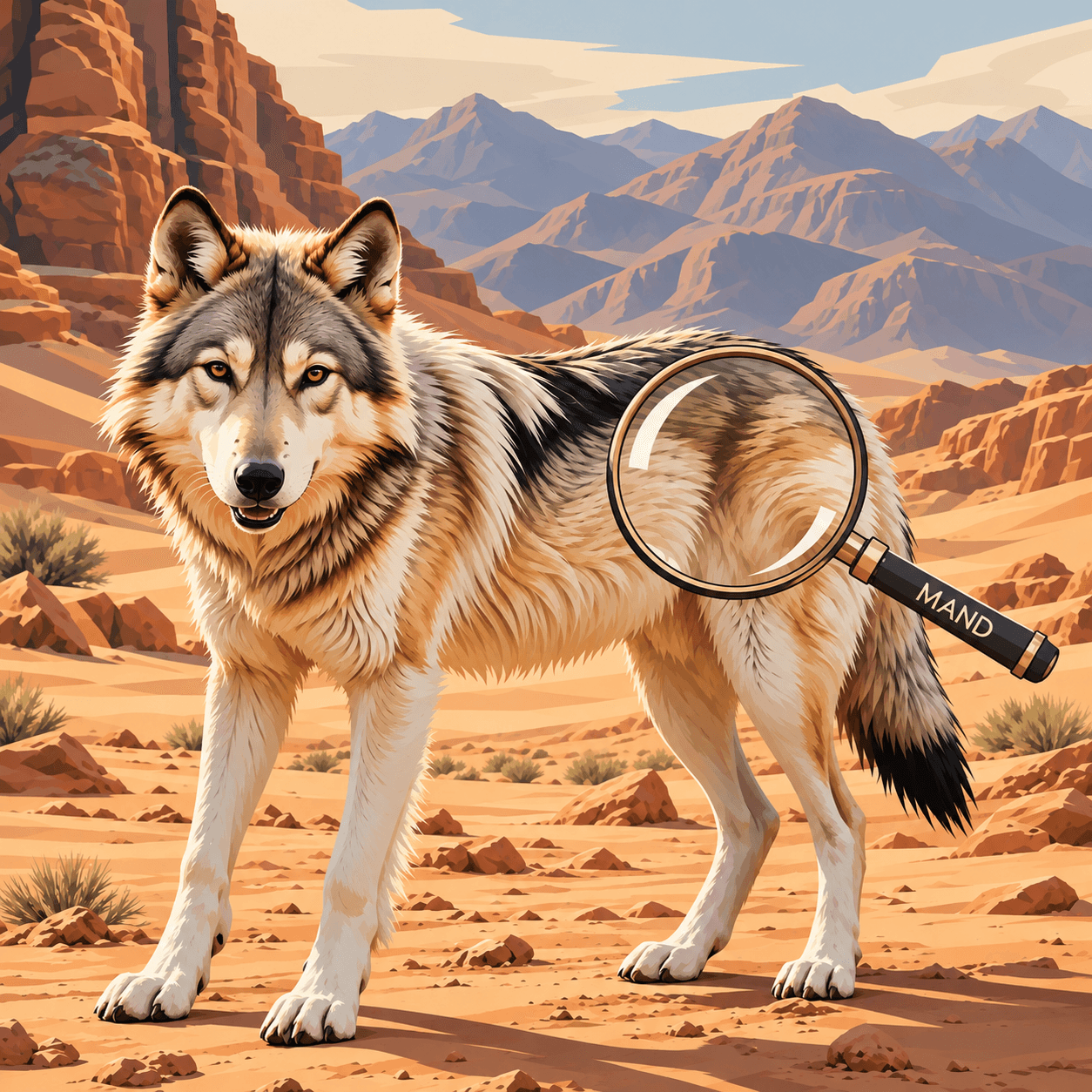 A desert wolf with a magnifying glass highlighting the texture of its fur