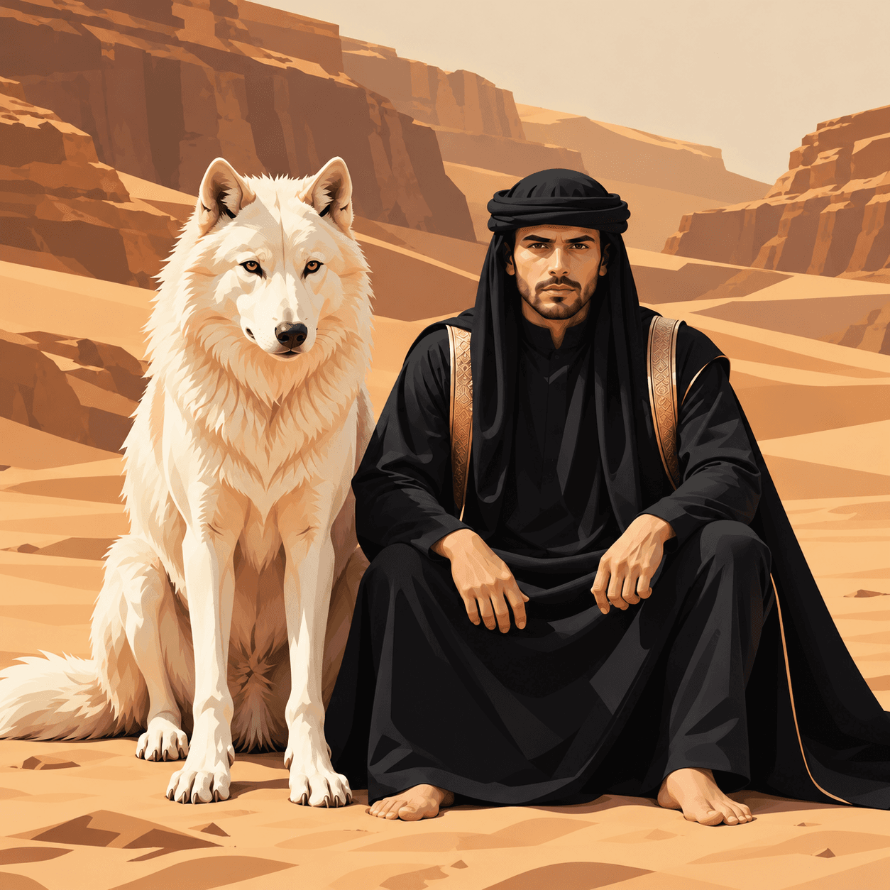 A white desert wolf beside a man wearing traditional black clothing
