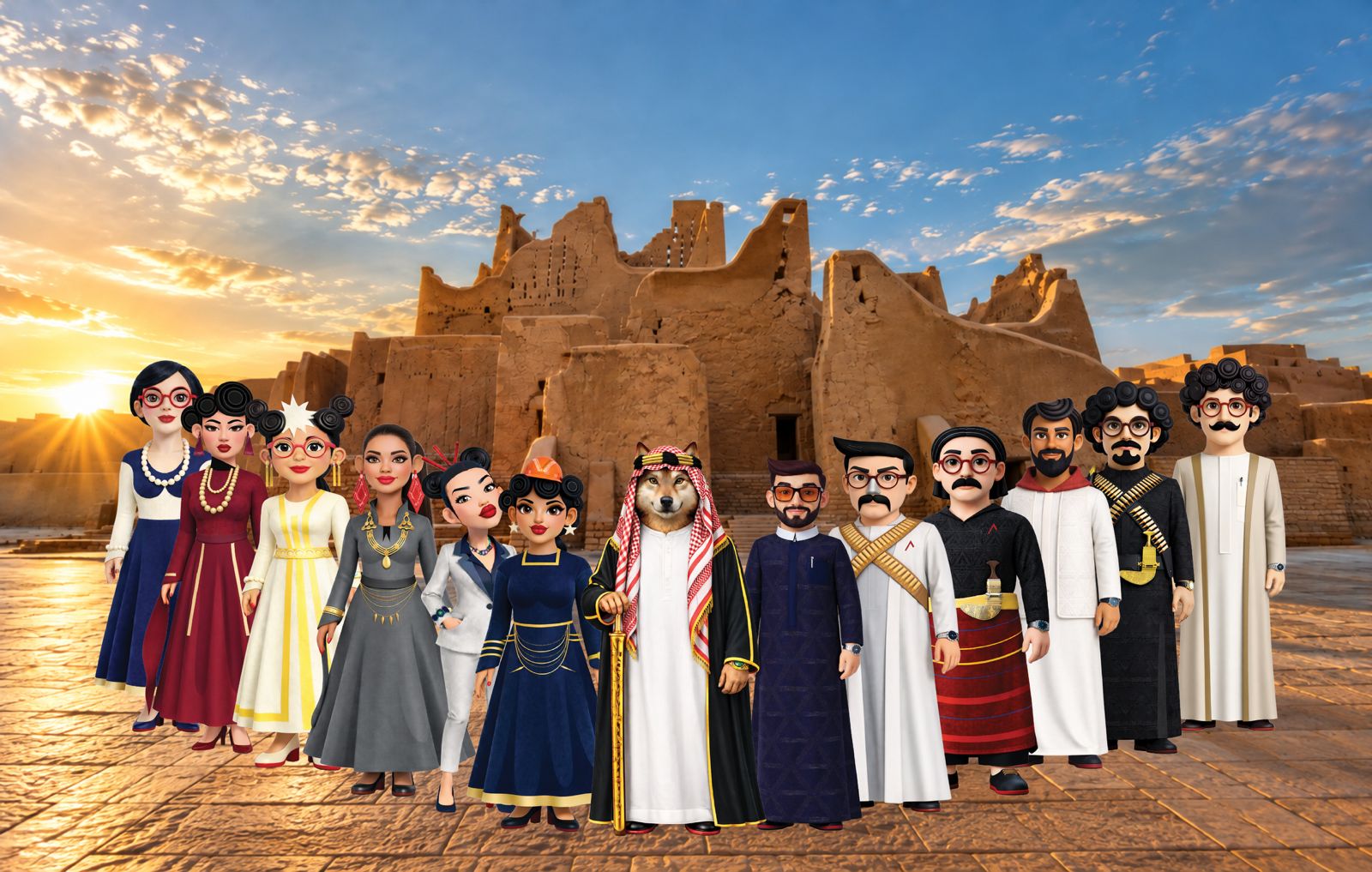 The MAND Kingdom characters gathered before Saudi landmarks